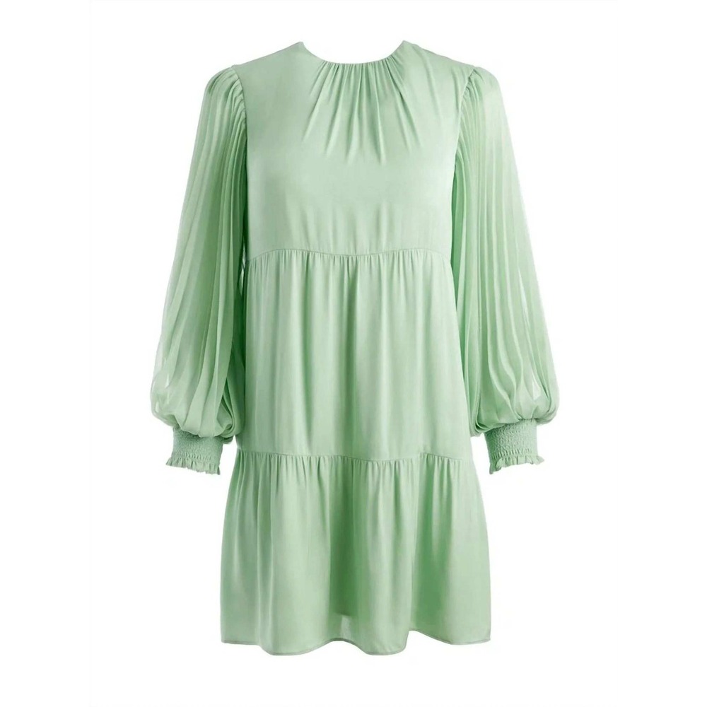Alice + Olivia Antonette Crew Neck Babydoll Mini Dress Tiered Large Seafoam NWT